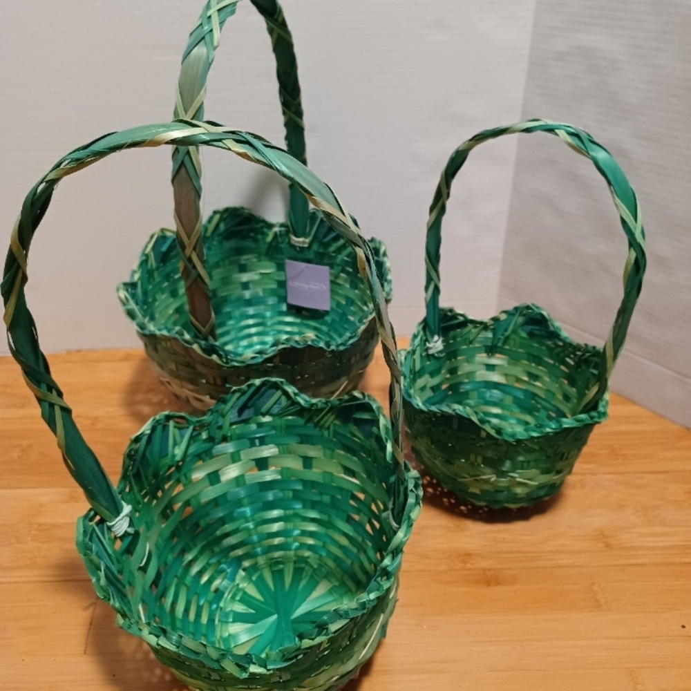 NWT Set Of 3 Scalloped Edges Green Woven Baskets